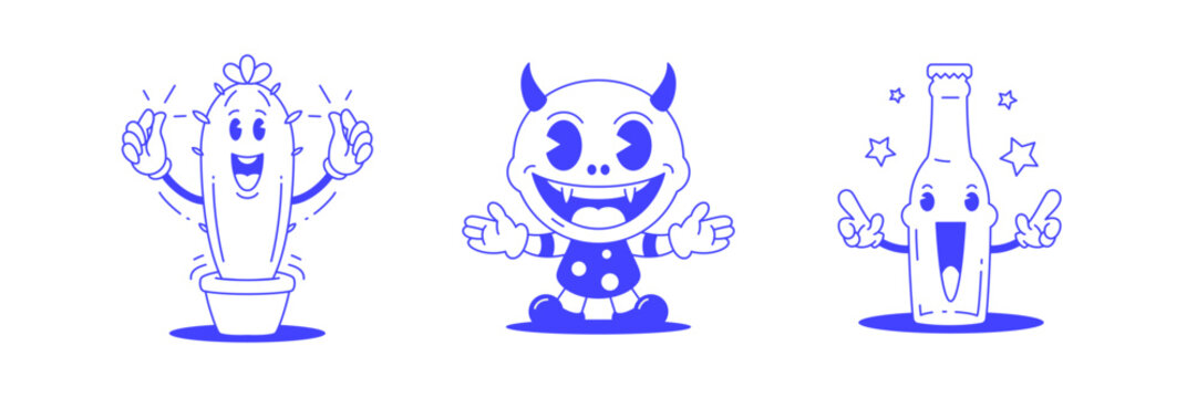 Party bottle baby devil cactus cartoon character set retro 30s animation style line art icon vector