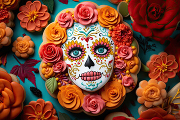 A sugar cookie shaped like a sugar skull with edible flowers and candies