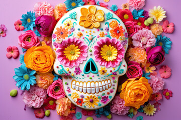 A sugar cookie shaped like a sugar skull with edible flowers and candies