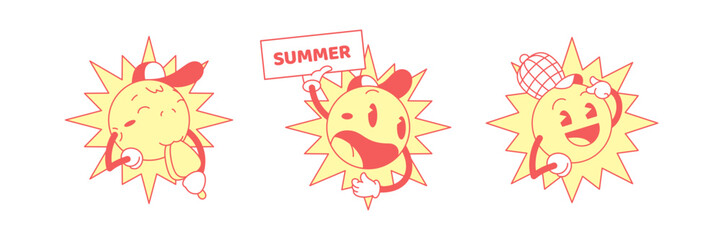 Sun cartoon character set ice cream summer placard idea retro 30s animation style icon vector flat