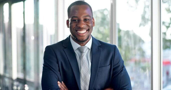 Happy businessman, professional and arms crossed with smile in pride for career ambition or success at office. Portrait of black man or manager in leadership for proud job, vision or corporate goals