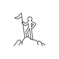 The goal is reached, a man with a flag on the mountain. linear icon.