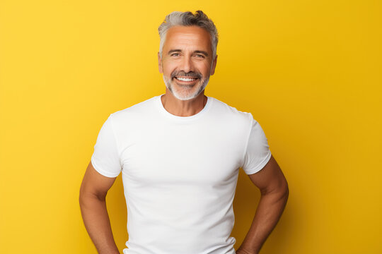 Middle age smiling handsome caucasian man wearing white t-shirt isolated on a yellow background. AI