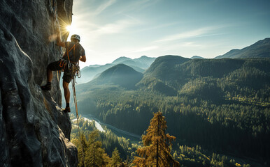 Epic Adventurous Extreme Sport Composite of Rock Climbing Man Rappelling from a Cliff. Mountain Landscape Background from British Columbia, Canada. dramatic sunset sky Concept