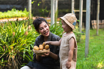 Asian mother gardener holding  sweet potatoes basket harvesting in garden with young son 