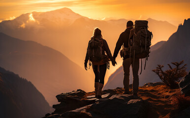 Couple hiking in silhouette with mountains and dramatic sunlight.