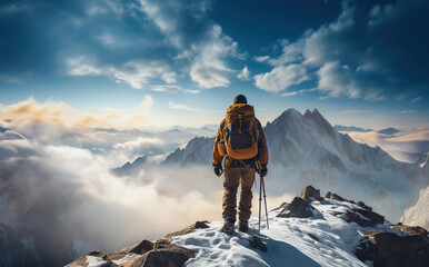 Climber or alpinist at the top of a mountain. A success of mountaineer reaching the summit. Outdoor adventure sports in winter alpine mountain landscape. Sunny day and a climber on a top of a peak.