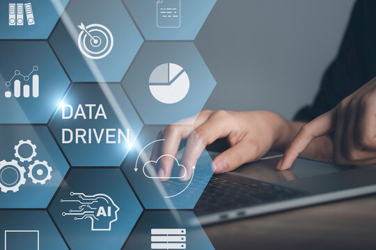 Data driven marketing concept. Data collection icons with Big data analytic message. Marketing technology. Working on computer with data driven. Creative digital development agency.