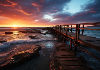 Splendor in the Sky: A Beautiful Sunset Over the Ocean and Pier. Generative Ai