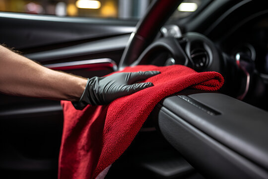Hand with microfiber cloth cleaning car, detailing and dry cleaning service. AI generative