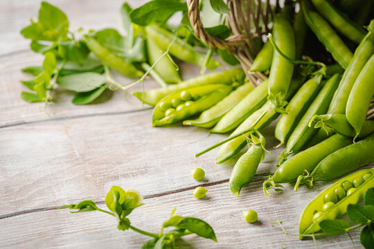 Fresh green peas in a basket with pods and leaves on white wooden table, healthy green vegetable or legume