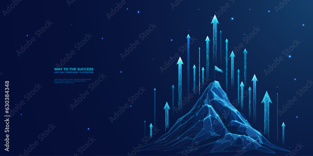 Poster abstract growth concept. the digital peak of a mountain with a flag on the top and arrows up. boosti