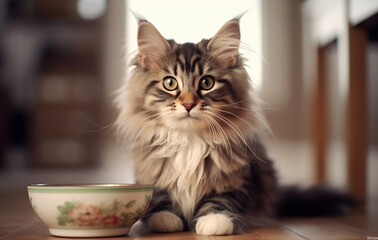 Cute kitty portrait with a bowl created with Generative AI technology