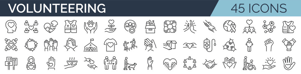 Set of 45 outline icons related to volunteering, charity, donation, aid. Linear icon collection. Editable stroke. Vector illustration - obrazy, fototapety, plakaty