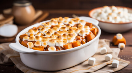 Sweet potato casserole topped with marshmallows in baking dish on a table. Festive winter dish served for Thanksgiving Day family dinner. Mashed sweet potato. Oven baked sweet potato, autumn food