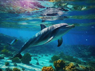 Naklejka premium Dolphins in their Natural Habitat, Wildlife Photography, Generative AI