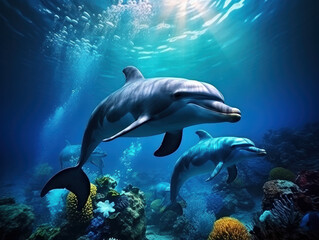 Naklejka premium Dolphins in their Natural Habitat, Wildlife Photography, Generative AI