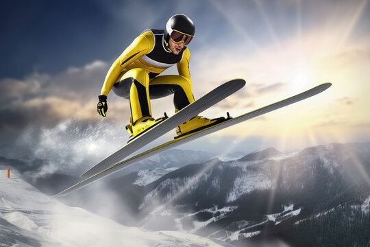 Close up auf einen Skispringer beim Sprung in winterlicher Landschaft im Sonnenschein.
