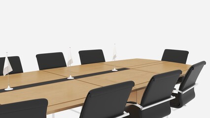 Meeting table and black chairs in meeting room, isolated on white background.