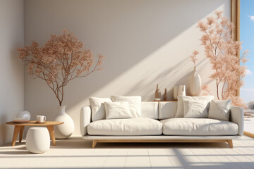 Interior design, living room, white sofa and wooden coffee table. AI generative.