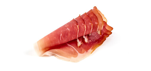 Slices of prosciutto di parma or jamon serrano, close-up, isolated on white background.
