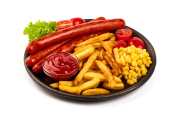 Roasted sausages with french fries, close-up, isolated on white background.