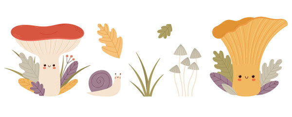 Funny mushroom characters, snail and autumn leaves set.