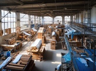 Naklejka premium Fiberglass production industry equipment at manufacture background, wide-focus lens. Created with Generative AI technology.