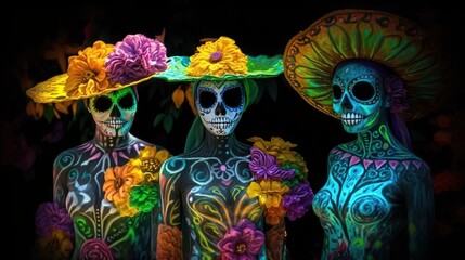 a group of women with their faces painted in colorful skull bioluminescent makeup, celebrating the Day of the Dead
