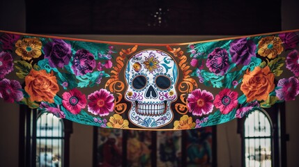 a papel picado banner with colorful skull and flower designs, hanging above an altar