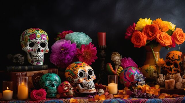 a traditionally painted sugar skulls on an altar, celebrating the Day of the Dead