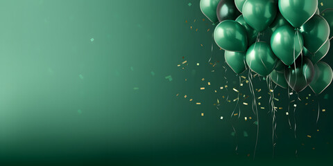 Festive banner with balloons on green blank background, party decoration with copy space area, panoramic holiday background 