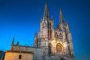 View of the facade of the cathedral of Burgos, Castilla y Leon, Spain, with evening light