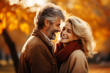 Happy Senior Couple in Sunny Autumn Park