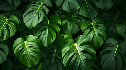 Obraz premium Closeup nature view of tropical green monstera leaf background. Flat lay, fresh wallpaper banner concept.