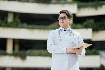 Asian young man doctor wear lab coat and stethoscope holding tablet for check patient health results data in hospital, Medical staff, Professional healthcare service concept.
