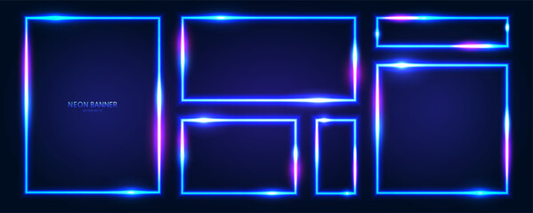 A set of rectangular neon frames with shining effects, highlights on a dark background. Futuristic modern neon glowing banners. Vector illustration.