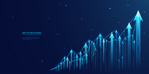 Abstract digital growing arrows up graph chart on technological blue low poly wireframe background. Boosting of business result concept. Polygonal finance glowing illustration. Success and Investment. - obrazy, fototapety, plakaty
