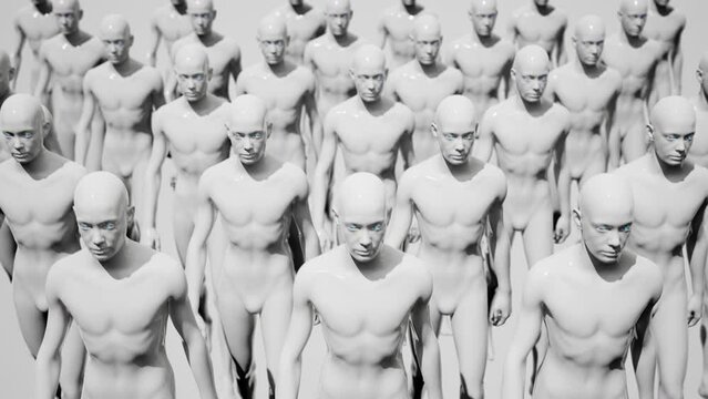 Army of robots. A crowd of cyborg workers marching in formation. 3D looped animation