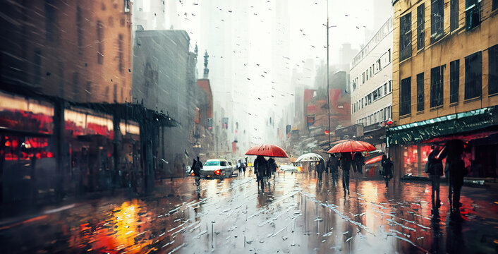 illustrazione con affollata via cittadina in una giornata autunnale di pioggia e vento