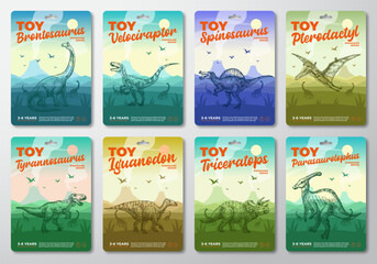Dinosaur Toy Product Labels Template Set Abstract Vector Packaging Design Layouts Collection. Modern Typography with Prehistoric Volcano Landscape and Hand Drawn Dinosaurus Sketch Background Isolated © createvil