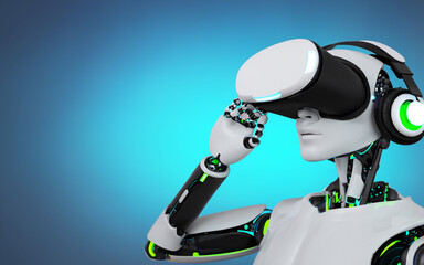 robot or cyborg with virtual reality glasses on purple background
