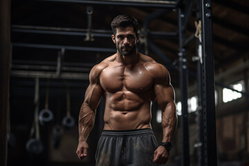 Fototapeta na wymiar A muscular fitness man doing crossfit in the gym