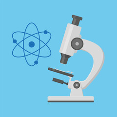 Vector illustration of microscope and atom in flat style, logo, icon.