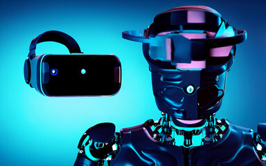 robot or cyborg with virtual reality glasses on purple background
