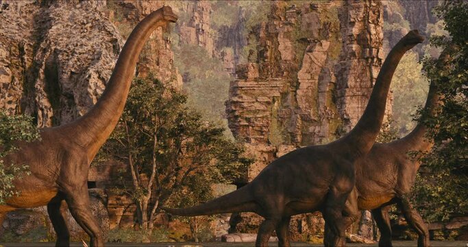 Brachiosaurus herd, sauropod walking in search of food. Jurassic period, Mesozoic era. 3D rendering