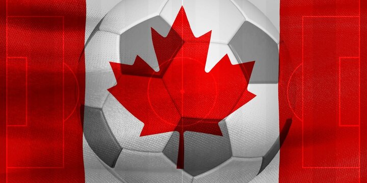 Photo of a waving Canada flag with a football ball-shaped outline in the center