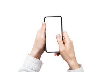 Top view of woman hands holding smart phone with blank copy space screen for your text message or information content. woman hand using phone white screen on top view