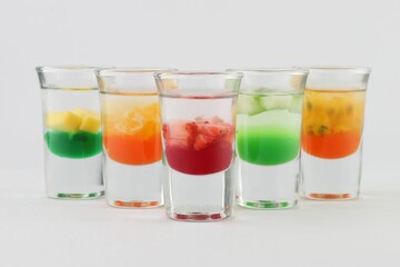 Glasses filled with vodka, each topped with passion fruit, strawberry, apple, and mango