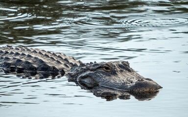 Closeup of Florida alligator in wetlands during a day